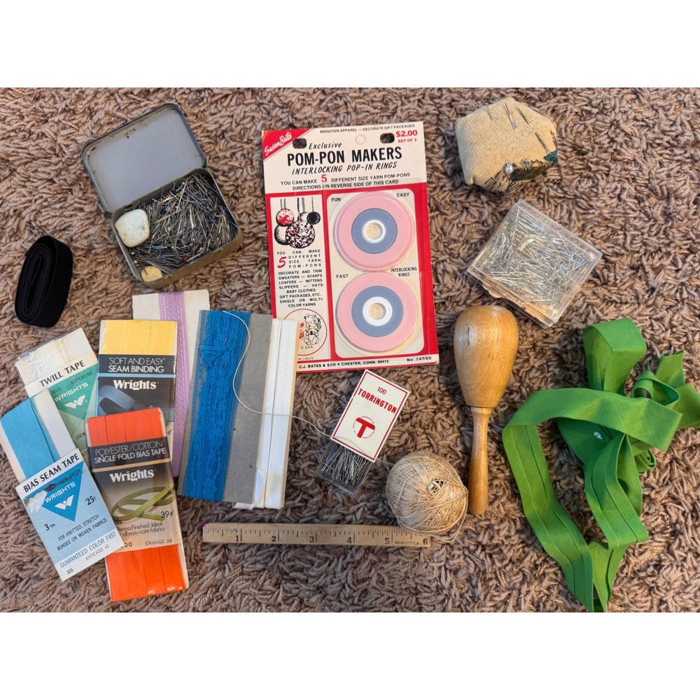 Vintage Sewing Notions Lot Susan Bates Pom Pom Makers Darning Egg Bias Tape Pins